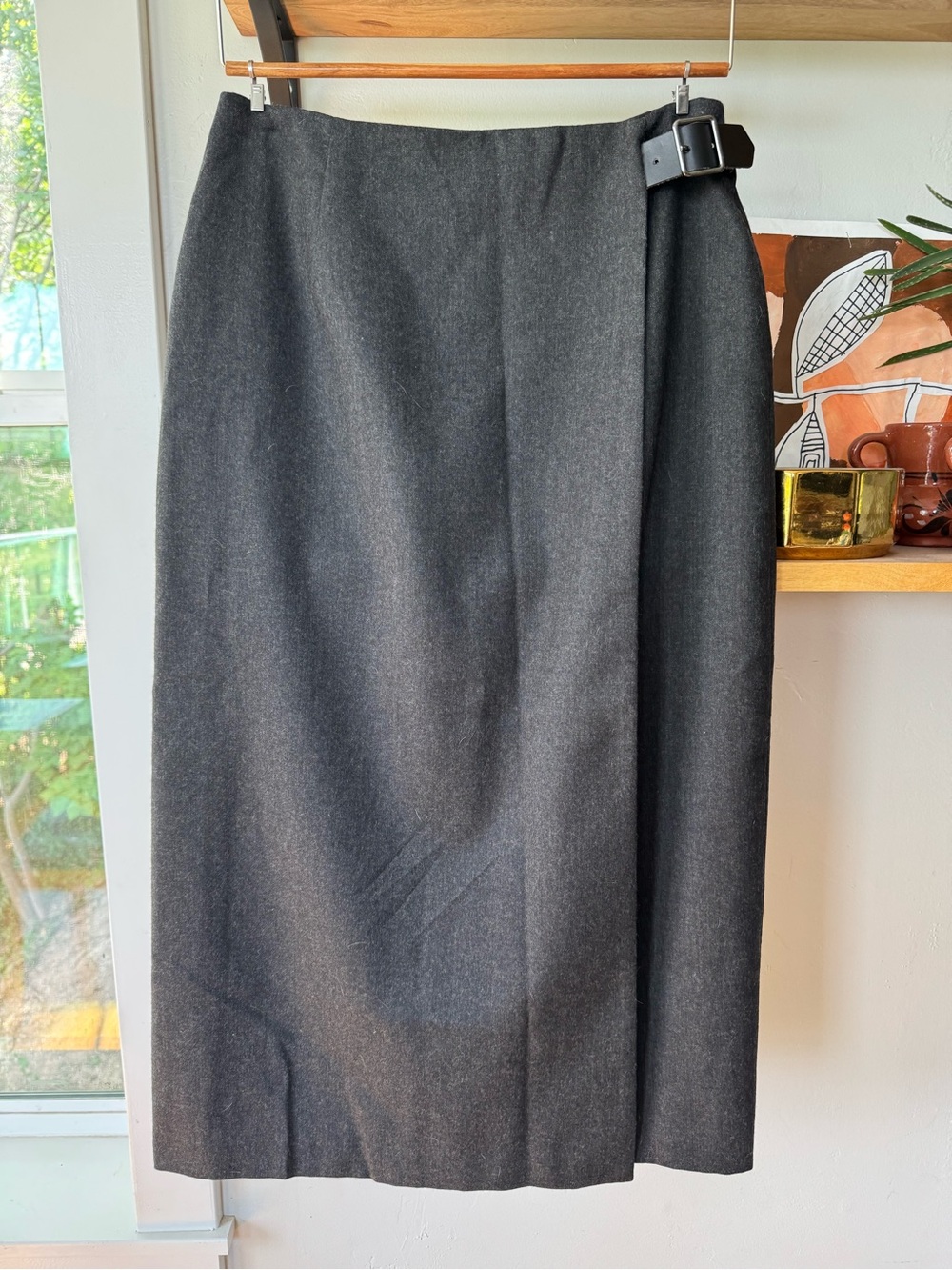 Vintage 90s Talbots Charcoal Gray Wool Wrap Skirt with Buckle Size 10